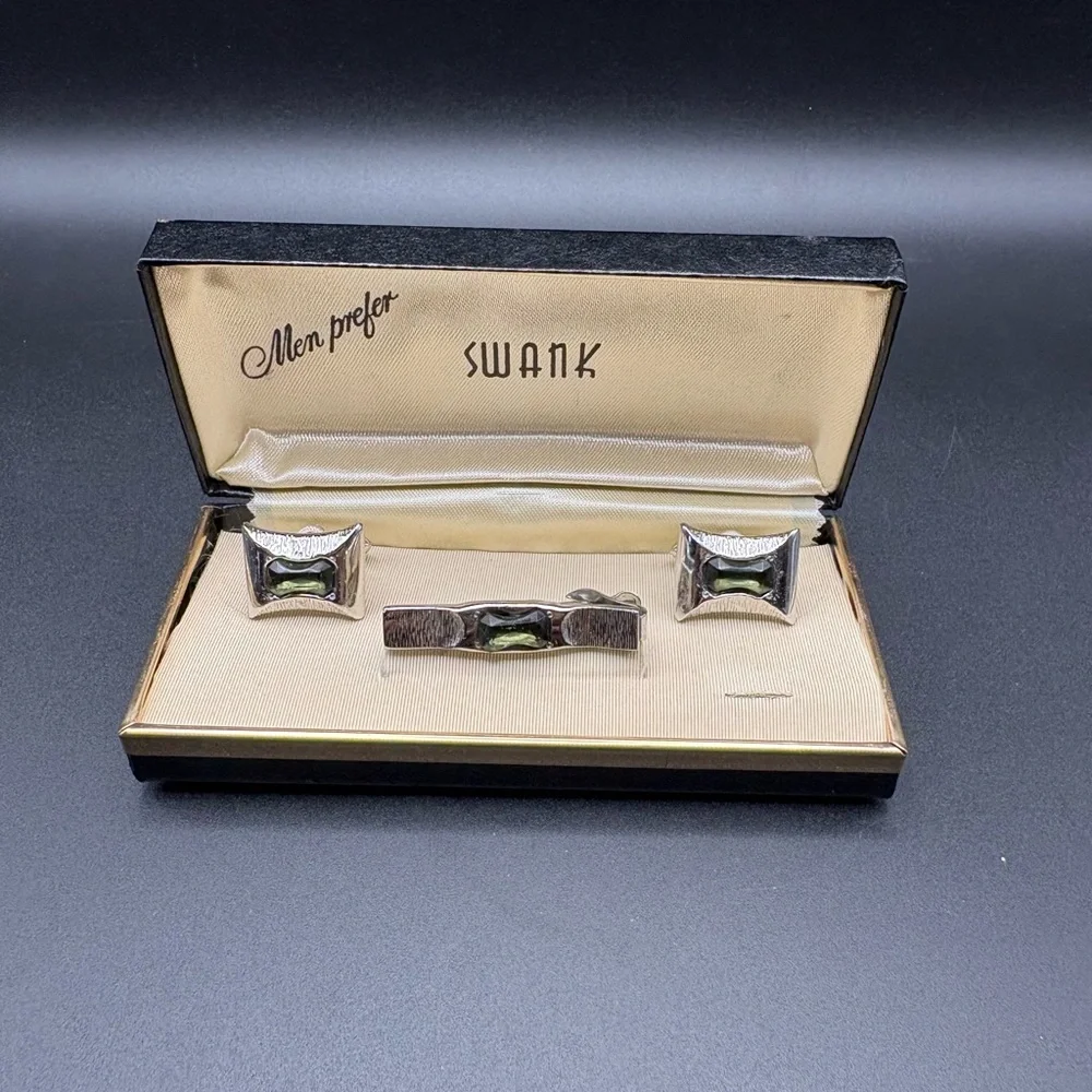 Vintage Swank Cufflinks Tie Bar Set Green Stone Silver Tone Mens w Box Retro